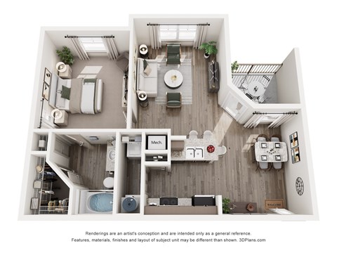 Floor plan for 1 bed, 1 bath, 834 sqft
